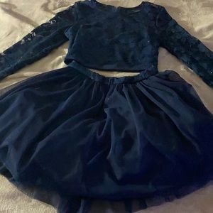 2 piece Navy Blue lace long sleeves with skirt.